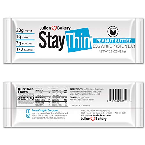 Julian BakeryÂ® Stay ThinÂ® Protein Bar (Organic Peanut Butter) (170 Cal)(20g Protein)(Egg White)(3 Net Carbs)(4 Ingredients)(1g Sugar)(12 Gluten-Free Bars)