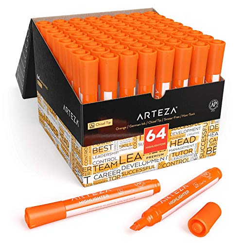 ARTEZA Orange Highlighters Set of 64, Wide Chisel Tips, Colored Highlighters Set, Office Supplies for Home, Office and Schools