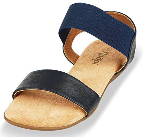 Floopi Sandals for Women | Cute, Open Toe, Wide Elastic Design, Summer Sandals| Comfy, Faux Leather Ankle Straps W/Flat Sole, Memory Foam Insole
