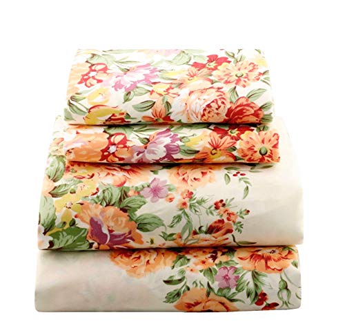 jaycorner 1800 Series Super Soft Egyptian Comfort 4pcs Sheet Set Microfiber Cottage Floral on Ivory (Queen)