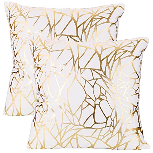 wanerxin White Sofa Throw Pillow Covers 18 x 18 (45cm x 45cm) Gold Stamping Love Tree Geometric Square Decorative Super Soft Cushion Cover for Sofa Couch Patio Set of 2 (Irregular and Irregular)
