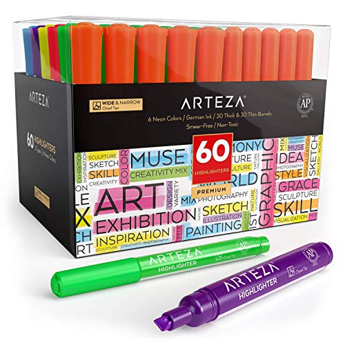 Arteza Highlighters Set of 60, Bulk Pack of Colored Markers, Wide and Narrow Chisel Tips, 6 Assorted Neon Colors, Office Supplies for School, Office, or Home