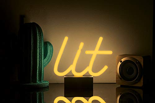 Merkury Innovations 8" inch LED Neon Yellow "Hello" Sign, Night Light, Mood Light with Pedestal,Battery Operated Wall Art,Bedroom Decorations,Lamp,Home Accessories,Party and Holiday Decor:Neon Yellow