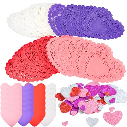 JOYIN 126+ Pcs Valentines Day Craft Gift Set with 100 Heart Doilies, 24 Pcs Foam Doilies and 2 Bags Foam Heart Stickers for Kids, Tableware Decoration, Home Activitie, Kitchen Disposable Table Craft