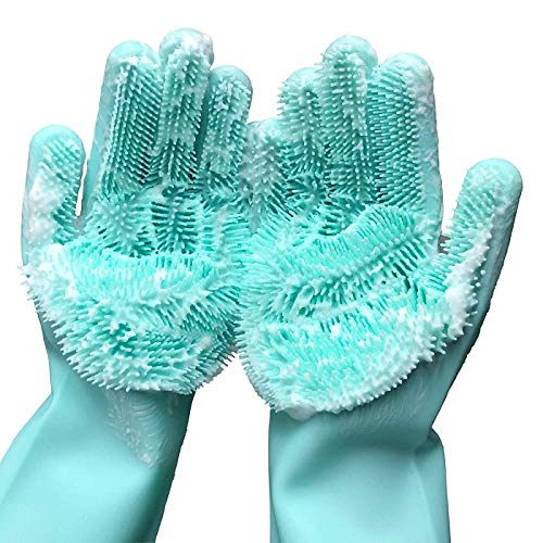 Book Cover Magic Dishwashing Cleaning Sponge Gloves Reusable Silicone Brush Scrubber Gloves Heat Resistant for Dishwashing Kitchen Bathroom Cleaning Pet Hair Care Car Washing (Green)