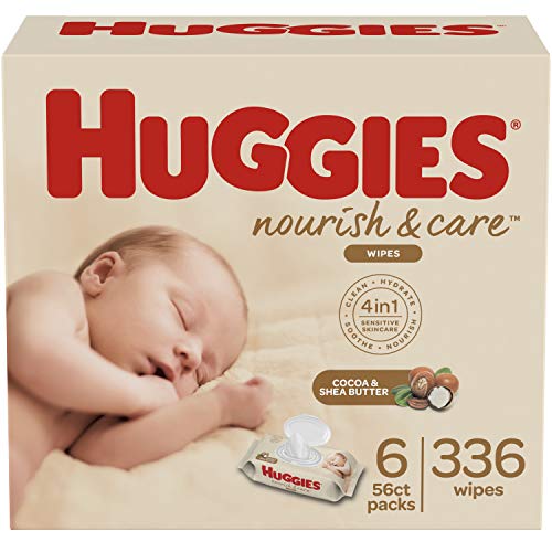 Book Cover Huggies Nourish & Care Baby Wipes, Sensitive Skincare, Scented, Water-Based, 6 Flip-Top Packs, 56 Count (336 Wipes Total)