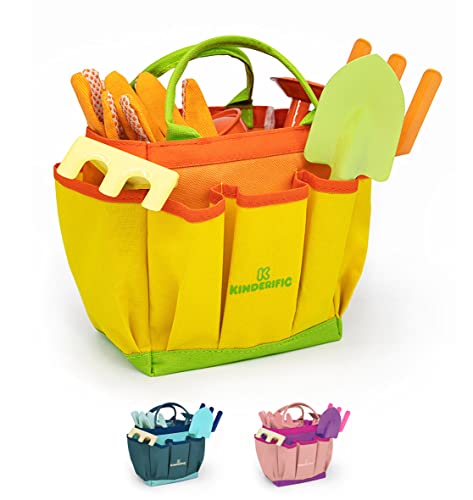 Kinderific Gardening Set, Tool Kit, for Toddlers and Kids 2 Years and up, STEM, Includes Tote Bag, Spade, Watering Can, Rake, Fork, Trowel and Glove (Bright Yellow)