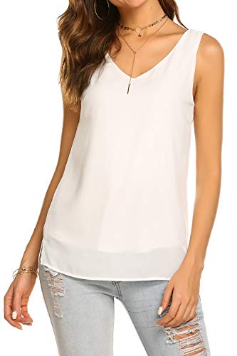 Bluetime Women Summer Sleeveless Chiffon V Neck T Shirt Casual Simple Plain Side Slits Tank Tops