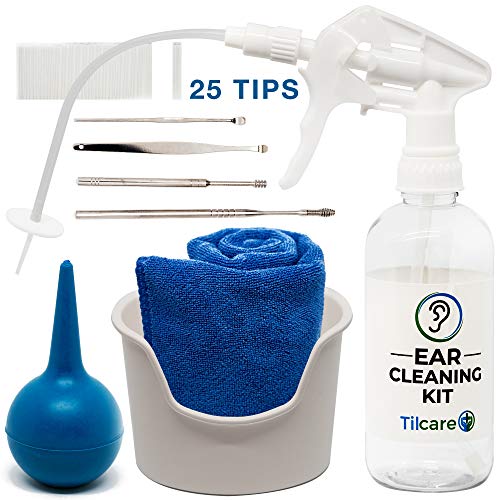 Ear Wax Removal Tool by Tilcare - Ear Irrigation Flushing System for Adults & Kids - Perfect Ear Cleaning Kit - Includes Basin, Syringe, Curette Kit (Spoon and Spiral), Towel and 25 Disposable Tips