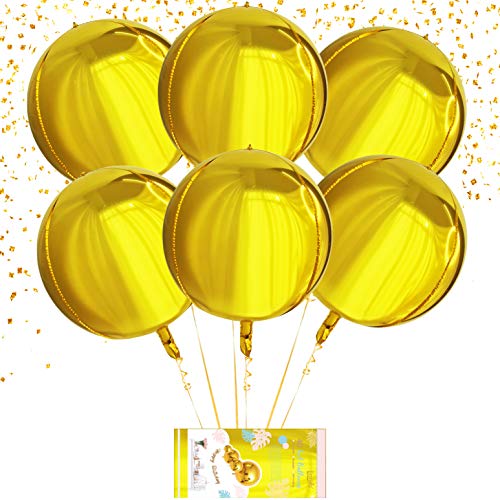 Eanjia Chrome Metallic 4D Foil Balloons 6 Count 16" Gold Sphere Mylar Balloons Graduation Balloons Hangable Metallic Chrome Balloons for New Year party ,Baby Shower Decoration, Christmas party Balloon Garland Kit Decor