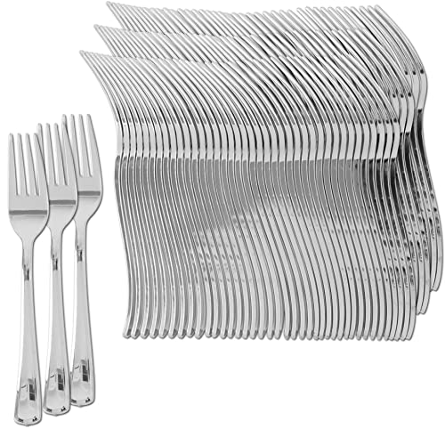 Plastic Silverware | Heavy Duty & Solid Cutlery Disposable Utensils Set | Perfect for Weddings, Buffets, Luncheon, Birthdays, More | Pack of 150 Silver Plastic Forks