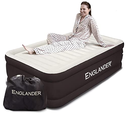 Book Cover Englander Twin Size Air Mattress w/ Built in Pump - Luxury Double High Inflatable Bed for Home, Travel & Camping - Premium Blow Up Bed for Kids & Adults - Brown