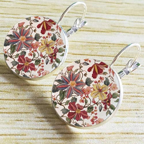 Vintage Retro Women Glass Round Chrysanthemum Flower Ear Stud Pierced Earrings (Silver)