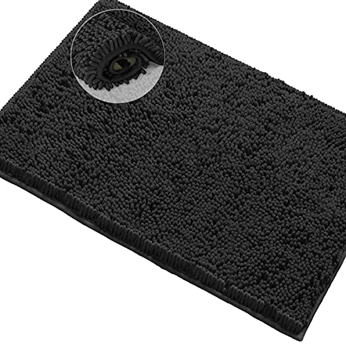 Black Bathroom Rug by LuxUrux Non-Slip Bathroom Rug Shag Shower Mat Machine-Washable Bath Mats with Water Absorbent Soft Microfibers Chenille Plush Rugs - Black