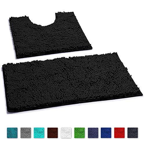 LuxUrux Bathroom Rugs Luxury Chenille 2-Piece Bath Mat Set, Soft Plush Anti-Skid Shower Rug +Toilet Mat.1'' Microfiber Shaggy Carpet, Super Absorbent Machine Washable Bath Mats (Curved Set, Black)