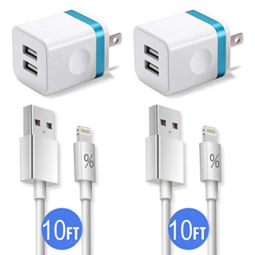 Book Cover Phone Charger 10ft with Plug (4-in-1), FIMARR Dual USB Wall Charger Adapter Block with 2-Pack Charging Cable 10-Feet Compatible with Phone XS/Max/XR/X 8/7/6 Plus SE/5S/5C (UL Certified)