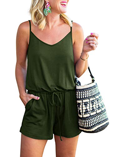 REORIA Womens Summer Loose V Neck Spaghetti Strap Short Jumpsuit Rompers