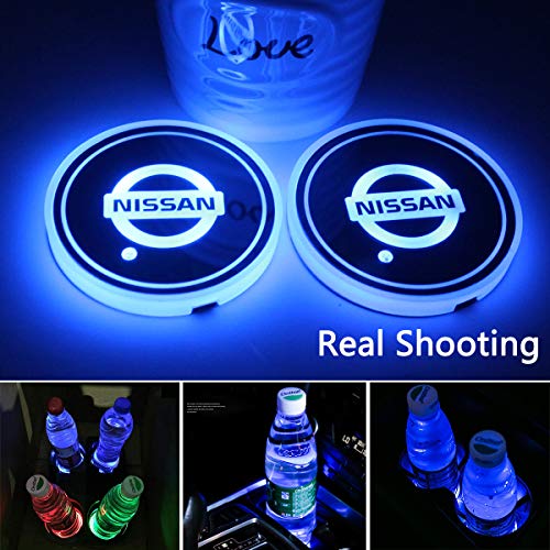 2pcs LED Car Cup Holder Lights for Nissan, 7 Colors Changing USB Charging Mat Luminescent Cup Pad, LED Interior Atmosphere Lamp