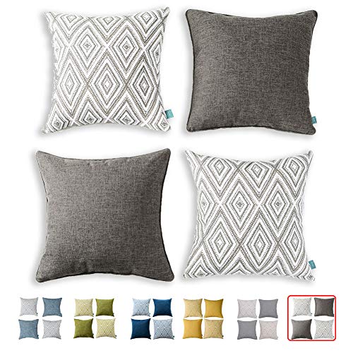 HPUK Decorative Throw Pillow Covers Set of 4 Geometric Design Linen Cushion Cover for Couch Sofa Living Room, 18"x18", Natural