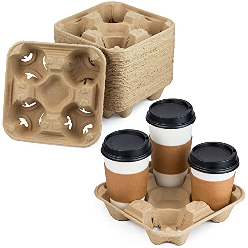 [45 Pack] Pulp Fiber Drink Carrier Tray Biodegradable 4 Cup Container Compostable Stackable Ecofriendly Carry Holder for Hot and Cold Drinks