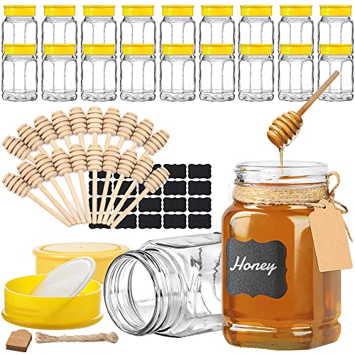 Folinstall Glass Honey Jars with Dipper Stick, 20 Pcs 12 oz Honey Bottles with Lids for baby shower party favors, Extra Chalkboard Label, Tag Strings