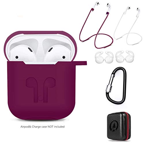 DZANHOT AirPods Gen1&2 Case 7 In 1 Accessories Kits Protective Silicone Cover Skin for Airpods1 2 Compatible Wireless Charging Function with Ear Hook/Grips/Airpods Staps/ Clips/Tips Burgundy