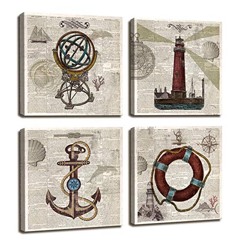 Nautical Decor Beach Wall Art for Bathroom Decorations Vintage Photos Nautical Anchor,Globe,Lifebuoy，Lighthouse Decor Office Wall decor/4 Panel Framed Artwork Wall Pictures For Home Bedroom Wall Decor