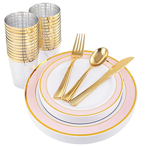Nervure 25 Guest Pink Plastic Plates with Gold Rim - Disposable Gold Plastic Plates Include 25 Dinner Plates, 25 Dessert Plates, 25 Forks, 25 Knives, 25 Spoons&10oz Cups for Wedding&Party