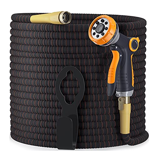 Book Cover [Upgraded 2019] Garden Hose Expandable - Superior Strength 3750D | 4-Layers Latex | Extra-Strong Brass Connectors | 10-Way Durable Zinc Water Spray Nozzle 2-Way Pocket Flexible Splitter (100 Feet)