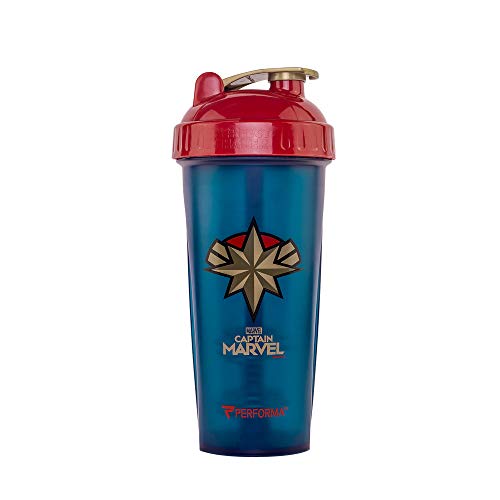 PERFORMA Marvel Shaker - Original Series, Leak Free Protein Shaker Bottle With Actionrod Mixing Technology For All Your Protein Needs! Shatter Resistant & Dishwasher Safe (Captain Marvel)(28oz)