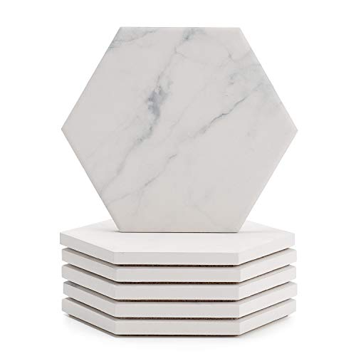 Sweese 242.101 White Marble Pattern Absorbent Ceramic Coasters for Drink with Cork Back, Prevent Furniture from Dirty, Spills, Water Ring and Scratched, Set of 6