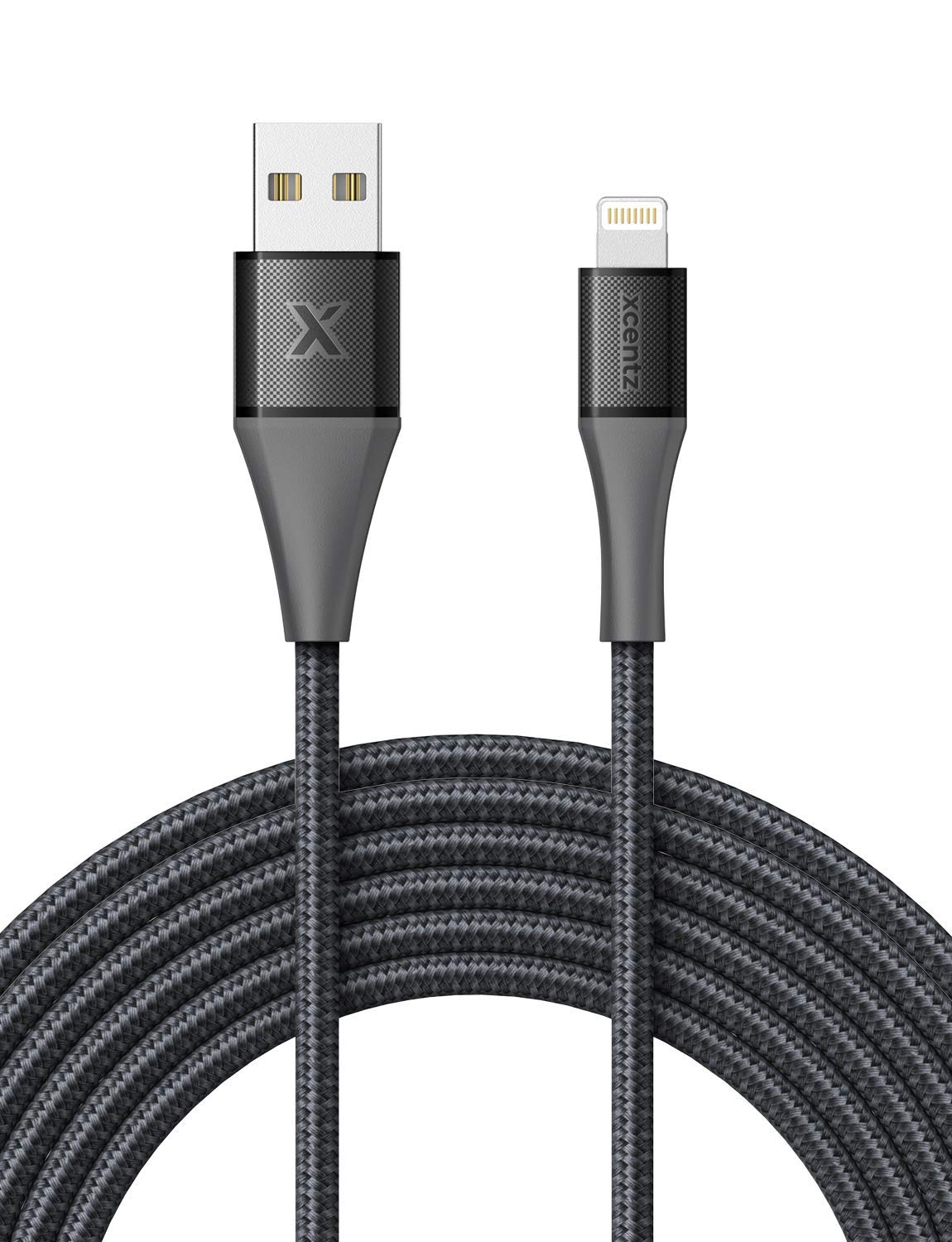 Xcentz iPhone Charger 6ft, MFi Certified Lightning Cable, Braided Nylon Fast Charging iPhone Cable with Premium Metal Connector for iPhone 11/11 Pro/X/XS/XR/XS Max/8/7/6/5S, iPad Mini/Air, Black