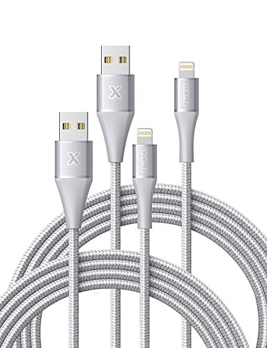XCENTZ iPhone Charger 3ft 2 Pack, Apple MFi Certified Lightning Cable High-Speed Braided Nylon iPhone Cable Premium Metal Connector for iPhone 11/11 Pro/Max/X/XS/XR/XS Max, iPad Pro/Mini/Air, Silver