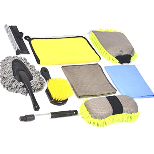 Book Cover Konpard Car Cleaning Tools Kit 9Pcs Car Wash Tools Kit - Premium Chenille Microfiber Wash Mitt - wash Sponge - Tire Brush - Window Water Blade Brush with Tool Box
