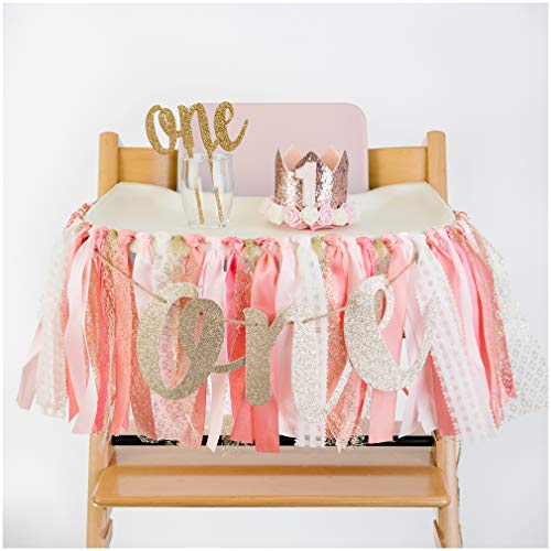 PapaKit Baby Girls 1st Birthday Little Princess High Chair Premium Decoration Set (Crown Hat, Cake Topper, Banner, Garland)