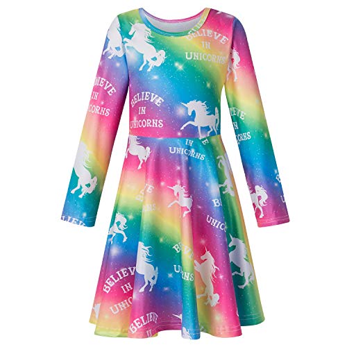 Nidoul Girls Unicorn Rainbow Long Sleeve Swing Dress for Costume Party Birthday