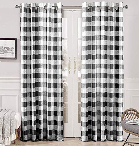 Book Cover DriftAway Buffalo Checker Pattern Lined Thermal Insulated Blackout and Room Darkening Grommet Window Curtains Printed Plaid 2 Layer Set of 2 Panels 52 Inch by 84 Inch Black
