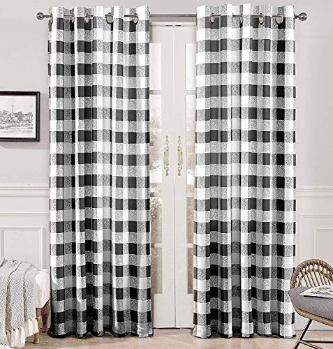 DriftAway Buffalo Checker Pattern Lined Thermal Insulated Blackout and Room Darkening Grommet Window Curtains Printed Plaid 2 Layer Set of 2 Panels 52 Inch by 84 Inch Black