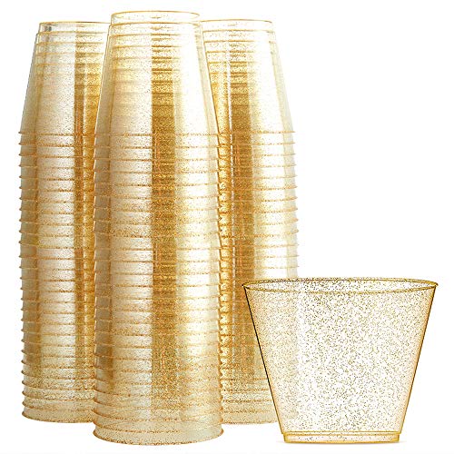 WDF 200pcs 9OZ Gold Cups,Disposable Gold Glitter Plastic Cups - Premium Wedding Cups Party Cups Christmas