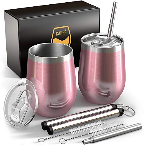 Carpe 12 oz Stemless Insulated Wine Glass Tumbler with Sliding Lid and Straw, Spill Proof Stainless Steel Double-Wall Wine Tumbler Cups for Champaign, Cocktail, Coffee, Drinks, Set of 2 (Rose Gold)