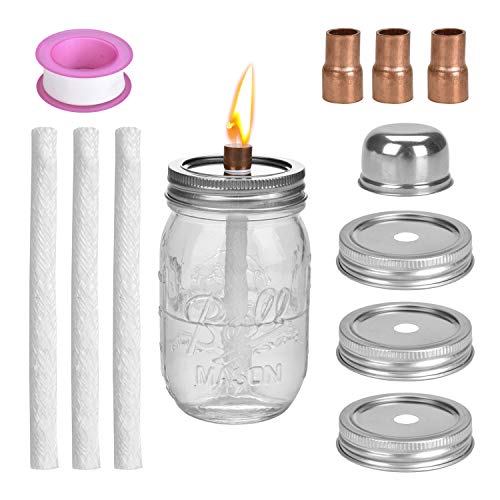 LinkBro Mason Jar Torch Kits,Includes 3 Long Life Torch Wicks,3 Mason jar Lids,3 x Copper Coupling Reducer,Teflon and Cap,Just add Mason Jars & Fuel for Outdoor Lighting