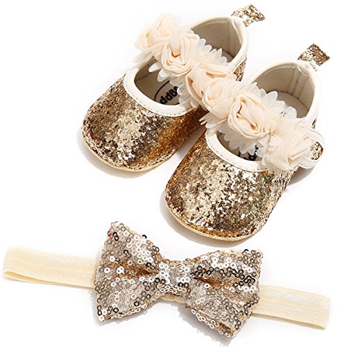 LIVEBOX Baby Girls Shoes Soft Sole Prewalker Mary Jane Princess Party Dress Crib Shoes with Free Bow Knot Baby Headband