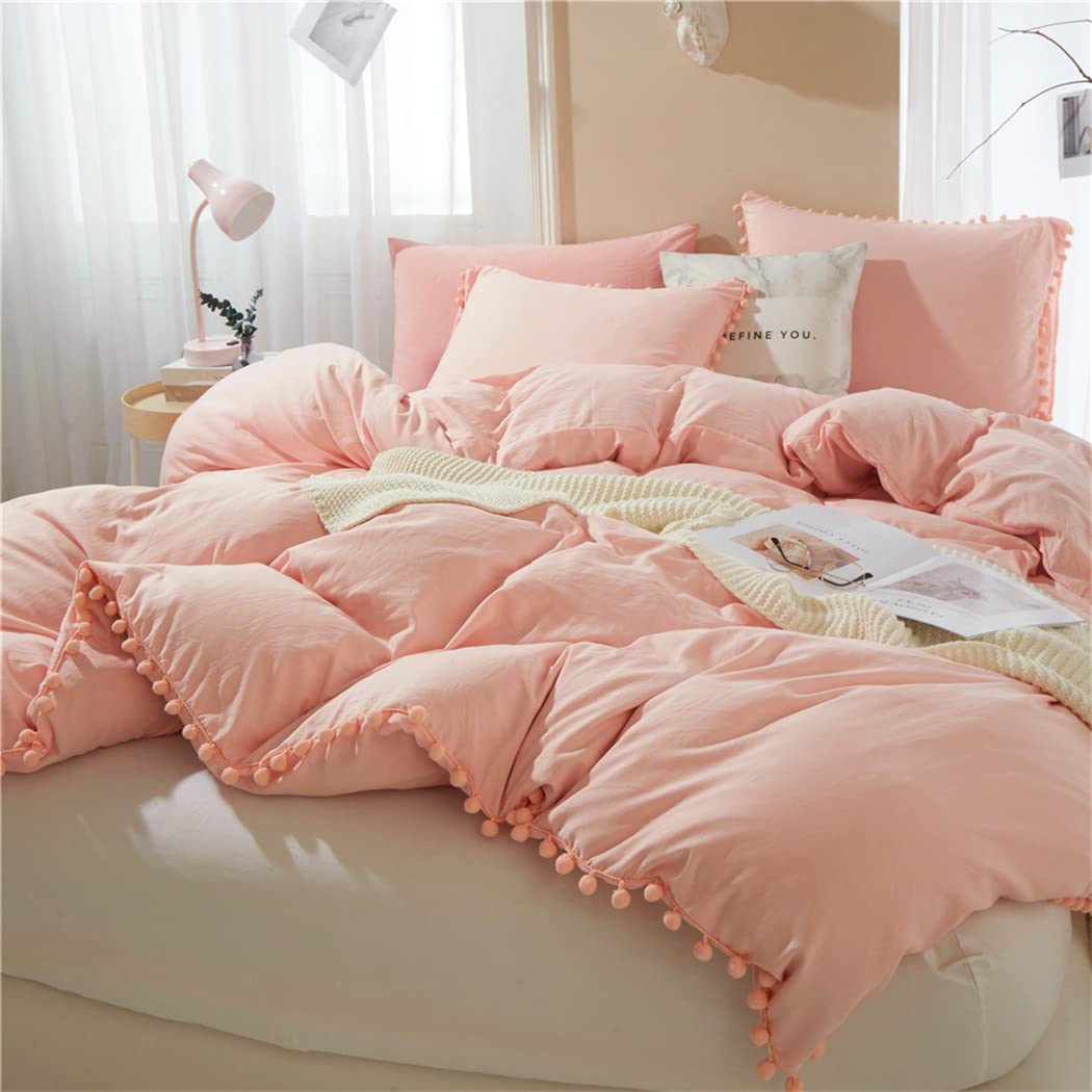 Book Cover IHOUSTRIY Duvet Cover Queen Size,100% Washed Microfiber 3pcs Bedding Duvet Cover Set, Pom Poms Fringe Solid Color Soft and Breathable with Zipper Closure & Corner Ties - Pink Peach Pink Queen