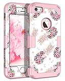 LONTECT Compatible iPhone SE Case iPhone 5/5s Case Floral 3 in 1 Heavy Duty Hybrid Sturdy High Impact Shockproof Protective Cover Case for Apple iPhone SE/5s/5, Pineapple/Rose Gold