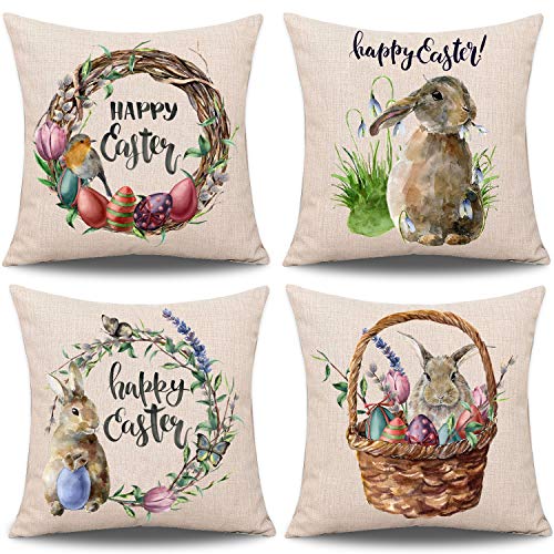 Book Cover Whaline 4 Pieces Easter Pillow Case Rabbit Bunnies with Eggs Canvas Pillow Cover, Spring Season's Cotton Linen Sofa Bed Throw Cushion Cover Decoration (18