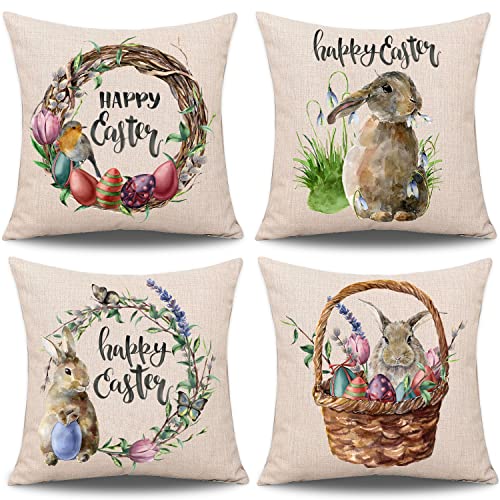 Whaline 4 Pieces Easter Pillow Case Rabbit Bunnies with Eggs Canvas Pillow Cover, Spring Season's Cotton Linen Sofa Bed Throw Cushion Cover Decoration (18" x 18")