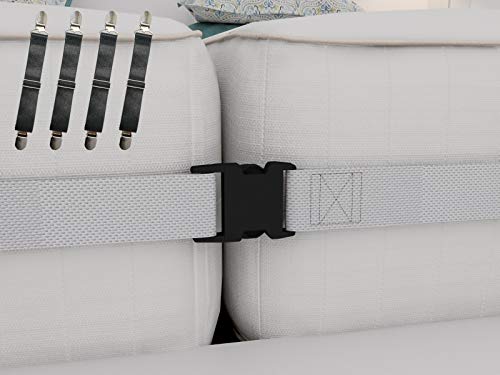 Book Cover Twin to King Bed Strap Connector Kit â€“ 2 Inch Wide Mattress Joiner Strap & 4 Adjustable Bed Sheet Fasteners -Perfect Solution to Hold in Place Twins Mattresses & Bed Sheets
