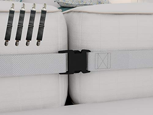 Twin to King Bed Strap Connector Kit â€“ 2 Inch Wide Mattress Joiner Strap & 4 Adjustable Bed Sheet Fasteners -Perfect Solution to Hold in Place Twins Mattresses & Bed Sheets