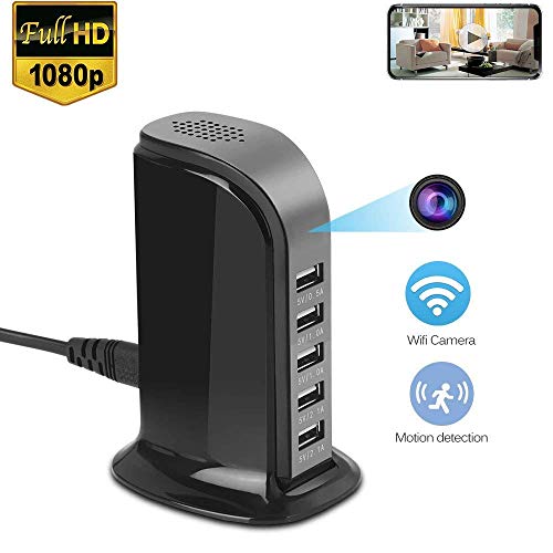 Book Cover WiFi Hidden Camera Charger, YAOAWE Mini Spy Camera 1080P with 5 Port Plug Desktop Charging Station Charger Camera, Home Surveillance Camera Night Vision,Full HD Nanny Cam