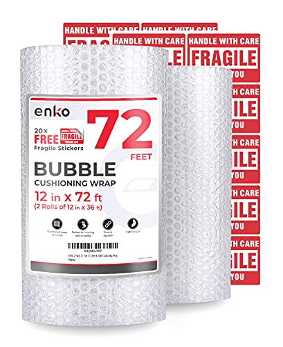 Book Cover enKo (2 Pack) 12 inch x 72 feet Bubble Cushioning Wrap Roll Perforated 20 Fragile Sticker Labels for Moving Shipping Packing Boxes Supplies